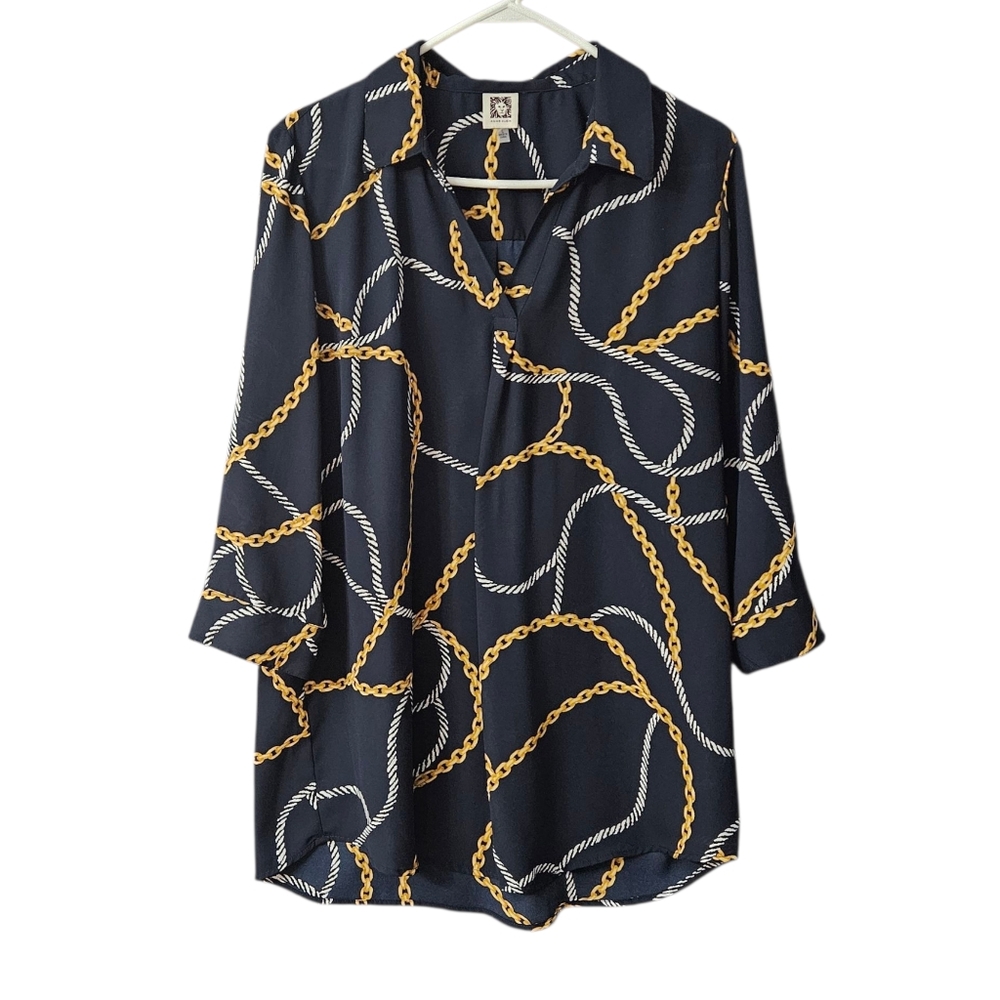 Anne Klein Women's Blouse 3/4 Sleeve Popover Size Large Navy Chain Design